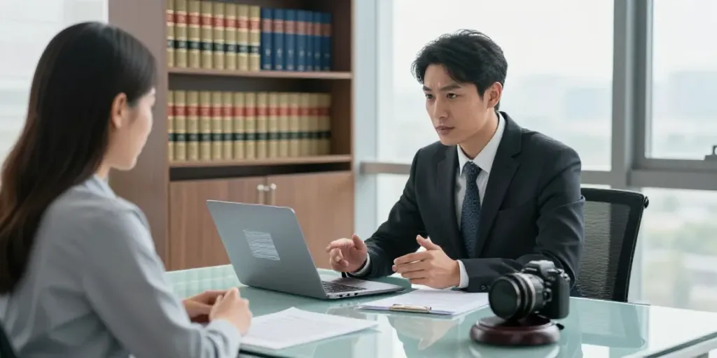 Attorney providing guidance on INTERPOL Red Notice Removal in a modern office.