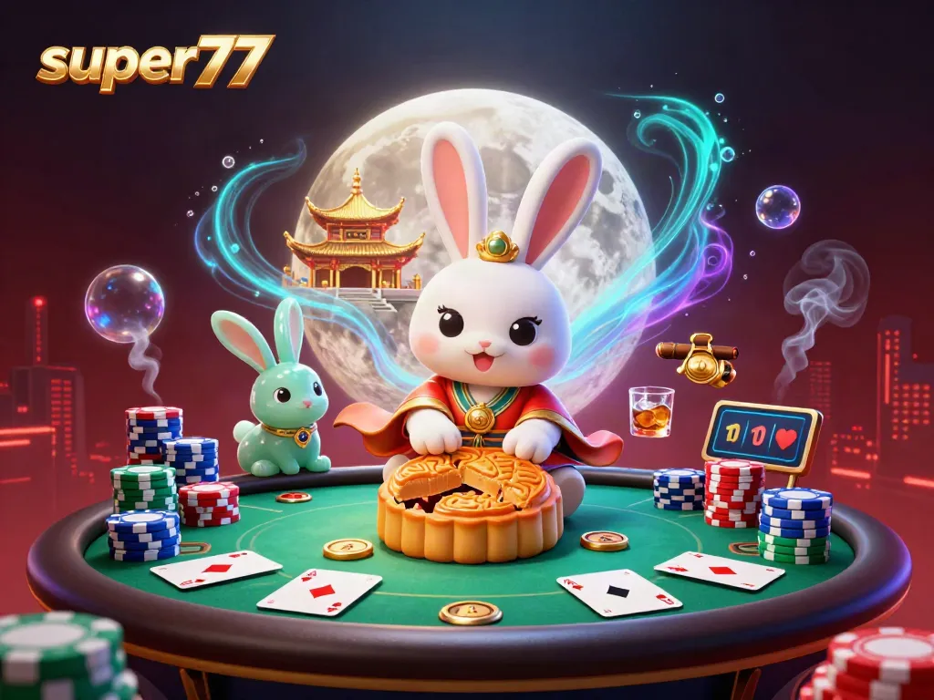 Experience super77 with an enchanting moon rabbit and vibrant casino elements illustrated in a rich, dynamic scene.