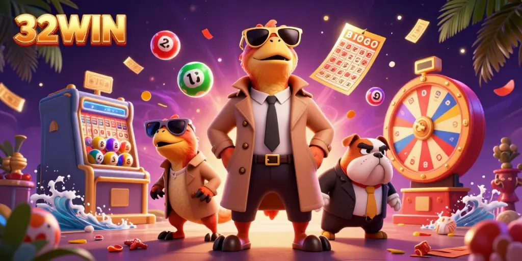 Enjoy thrilling games with 32WIN, featuring animated lottery balls and vibrant casino elements.
