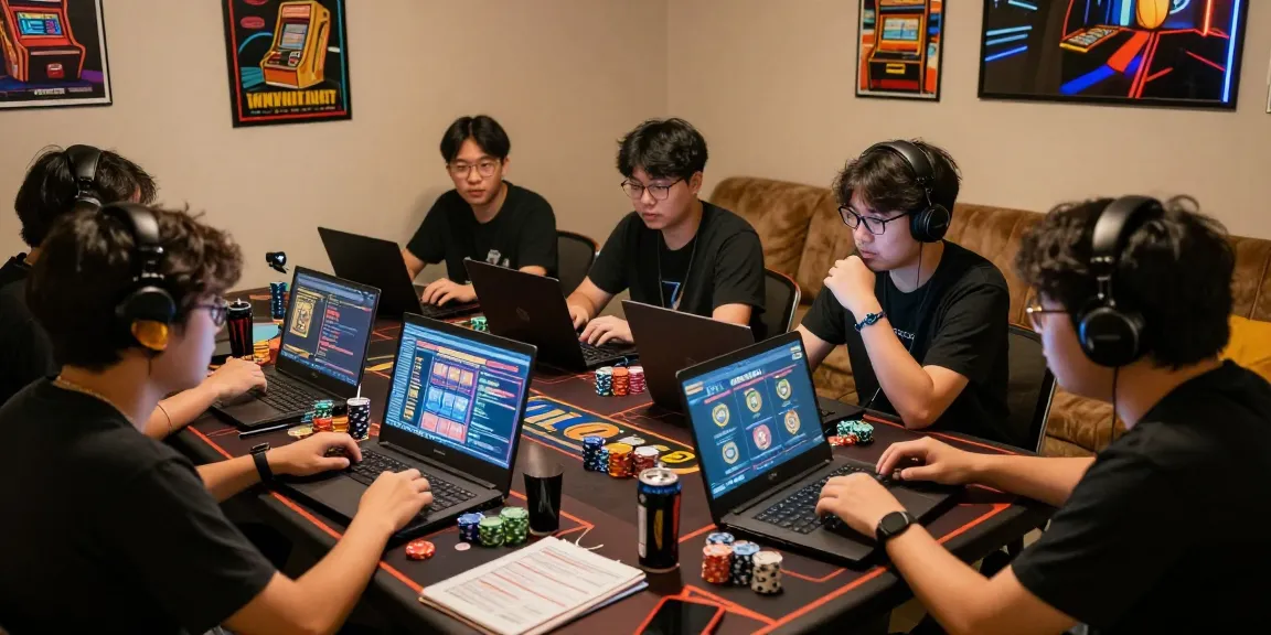 Penggemar slot gacor berkumpul di ruang permainan dengan laptop, dikelilingi oleh keripik dan buku strategi.