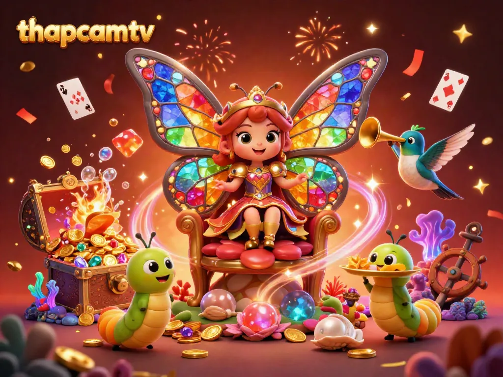 Experience thapcamtv's dynamic 3D illustration of the butterfly queen and vibrant casino elements.