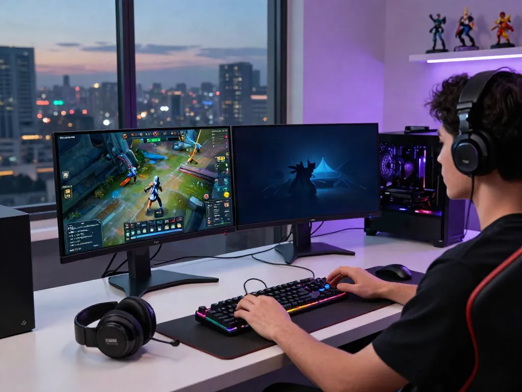 Luxury12 gaming setup showcasing sleek dual monitors with vibrant gameplay graphics, RGB keyboard, and cityscape background.