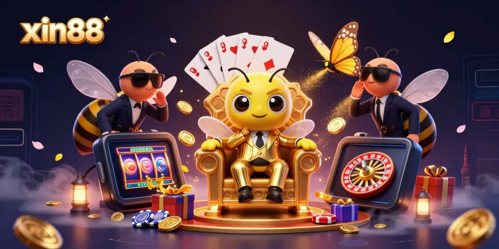 Experience the vibrant world of xin88, featuring 3D characters in an immersive casino scene with games and prizes.