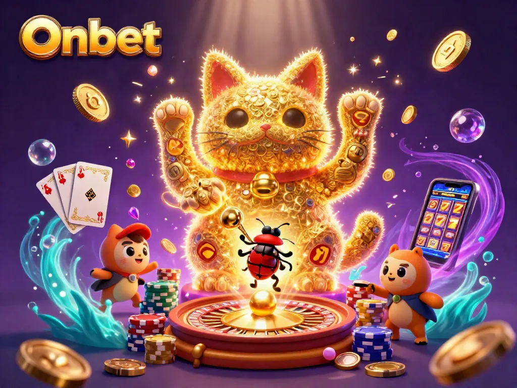 Engage with Onbet's enticing casino scene featuring a lucky cat and vibrant gaming elements.