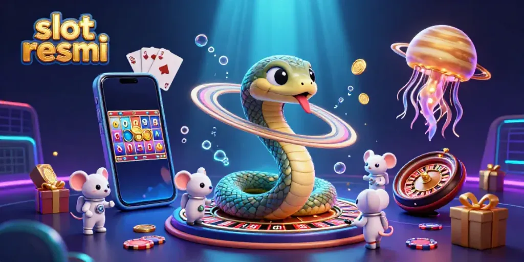 Experience the excitement of slot resmi with an engaging cosmic gambling illustration featuring vibrant, dynamic game elements.