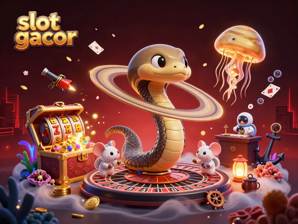 Engaging scene of slot gacor with astronaut mice betting on a roulette wheel in vibrant cosmic space.
