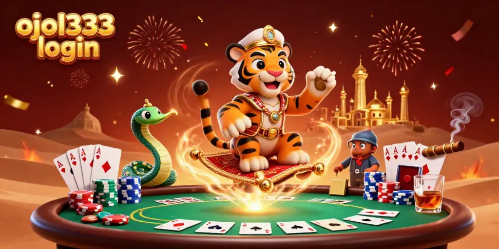 Win prizes effortlessly with ojol333 login, dynamic casino scene showcasing vibrant poker action and characters.