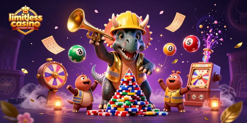 Engage with the limitless casino no deposit bonus featuring vibrant 3D dinosaurs and dynamic gaming elements.