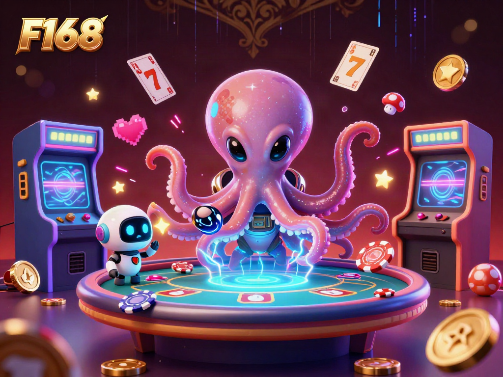 F168 showcases a vibrant alien octopus dealing holographic poker at a dazzling casino scene.