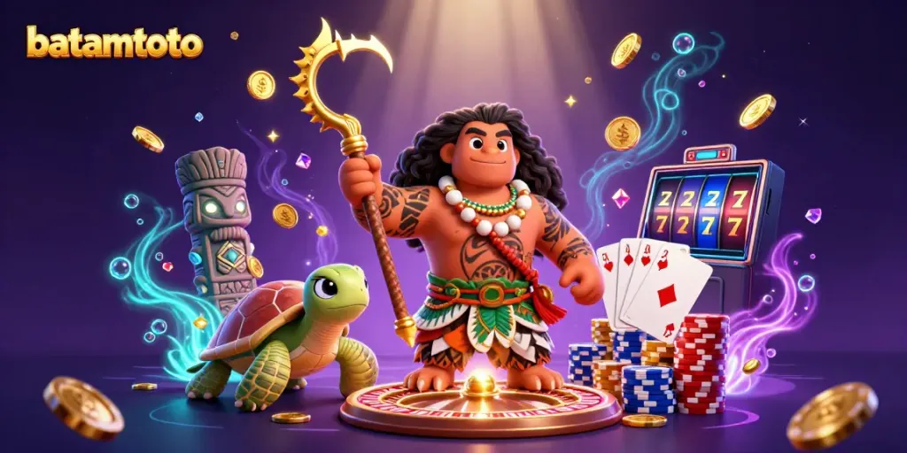 Experience batamtoto gaming through a vibrant 3D scene with a demigod hawk and casino elements.