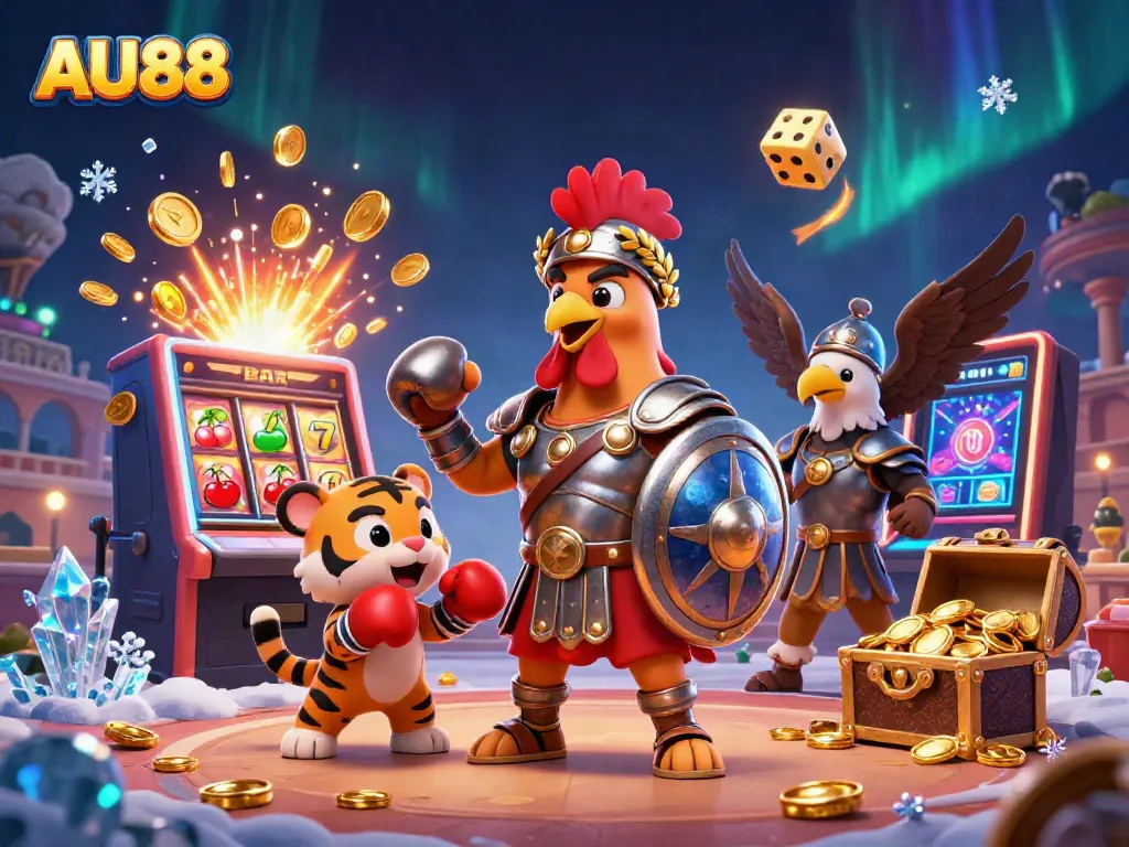 Experience the excitement of AU88 with a dynamic casino-themed illustration of a rooster and tiger in a gaming arena.