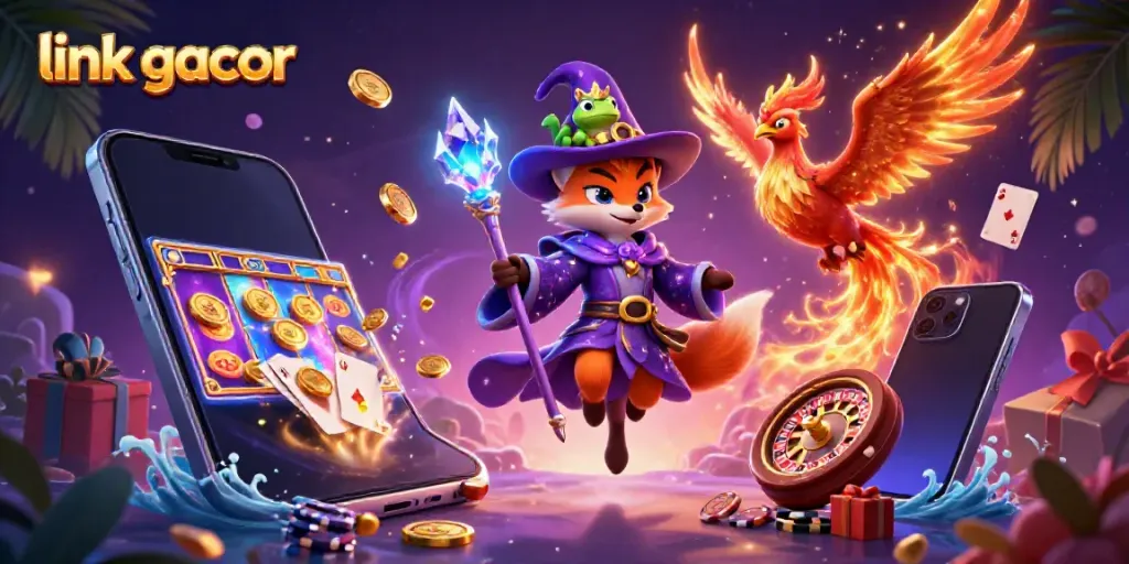 Experience thrilling gameplay with link gacor as the wizard fox and phoenix soar above vibrant casino elements.