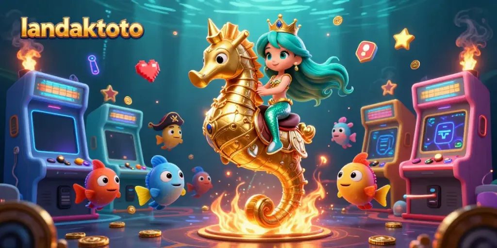 Mengakses landaktoto melalui ilustrasi kartun 3D dengan putri duyung, kuda laut, dan elemen permainan kasino.