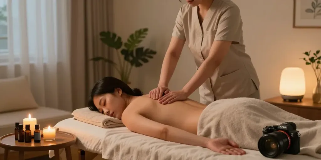 Home massage therapy session showcasing 강동구출장안마 in a serene bedroom environment.