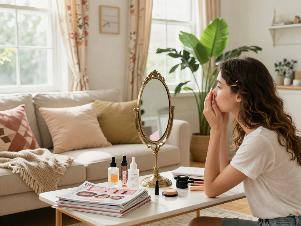Analyzing how old do I look in a stylish living room with beauty products.