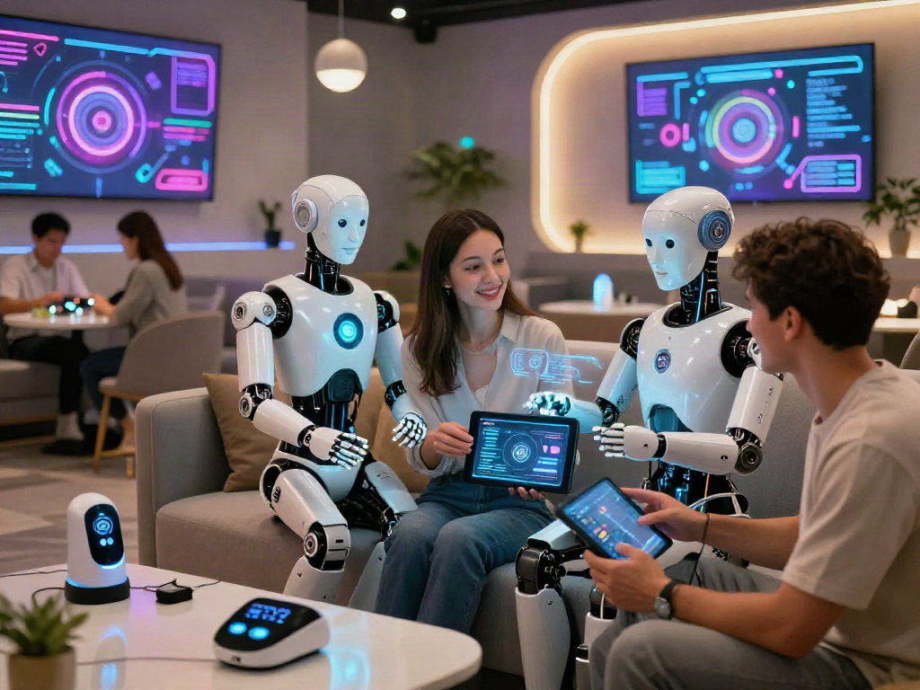 Engagement with advanced sex bot in a modern lounge setting, showcasing intimate user interaction.