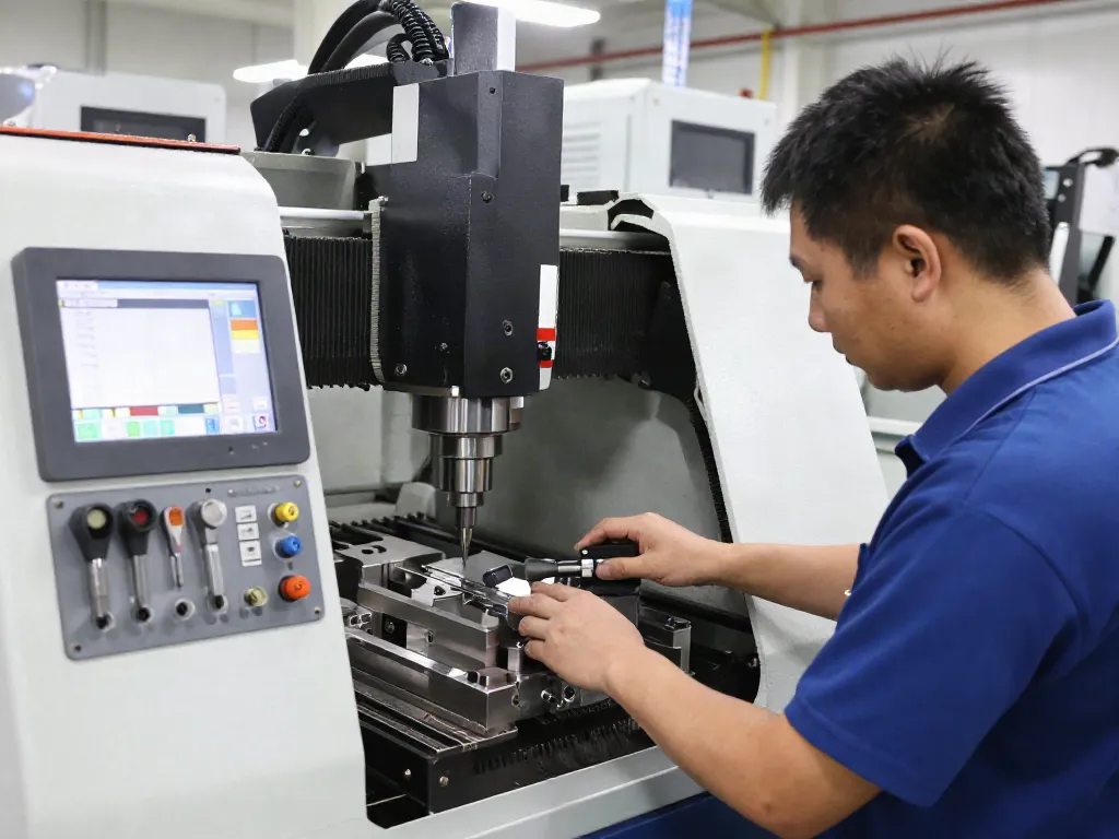Technician operating CNC machining parts with precision tools in a bright workshop.