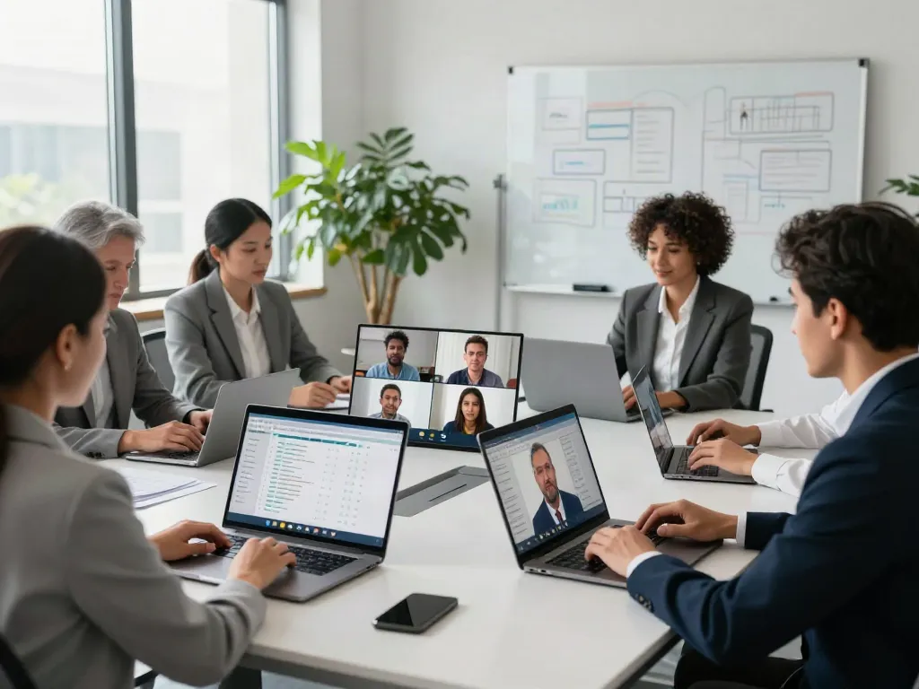 Deepfake protected Conferencing session with diverse professionals collaborating online in a modern office.