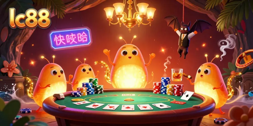 Play exciting poker at the lc88 vibrant casino illuminated by bioluminescent glowworms.