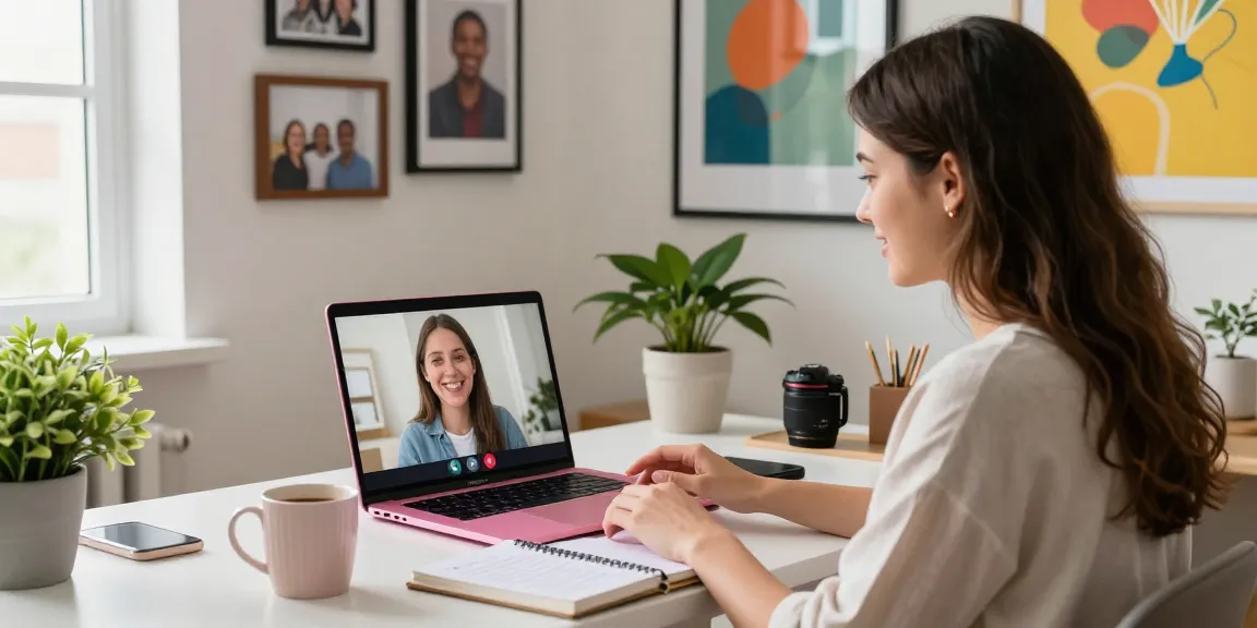 Engaging in a pink video chat from a cozy home office with a smiling partner on screen.