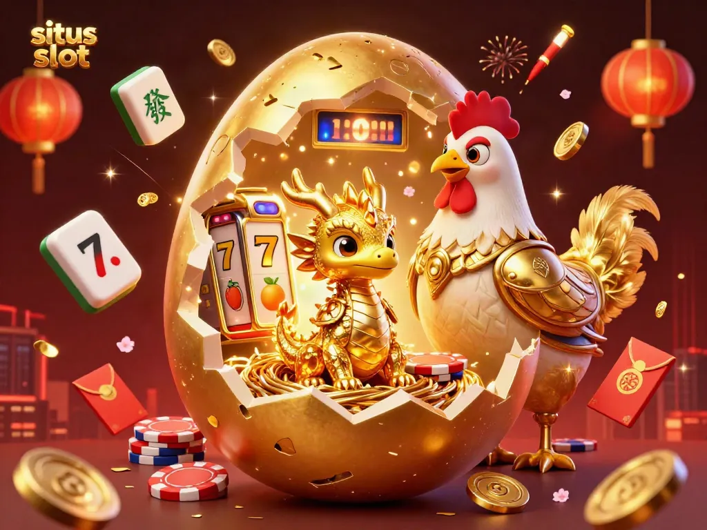 Engage in situs slot with a golden dragon and enriched casino elements showcasing dynamic slot machines and poker chips.