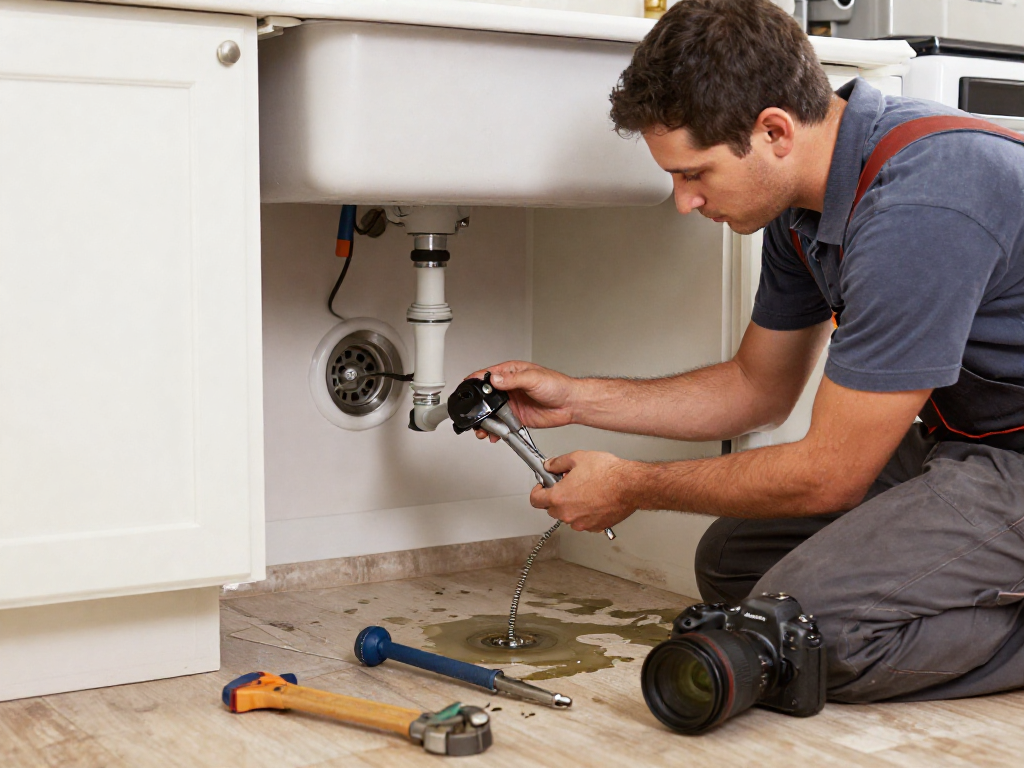 Expert plumber performing drain cleaning Fort Worth in a residential kitchen environment.