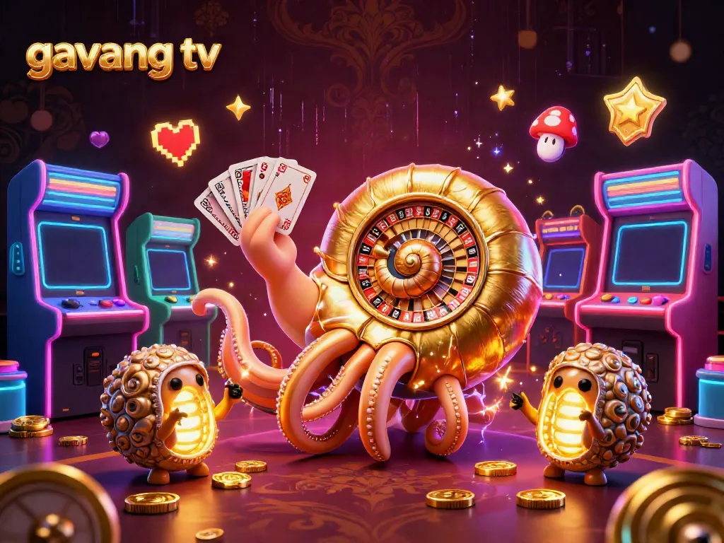 Engage with exciting casino games featuring Gavang TV's unique characters in a vibrant 3D illustration.