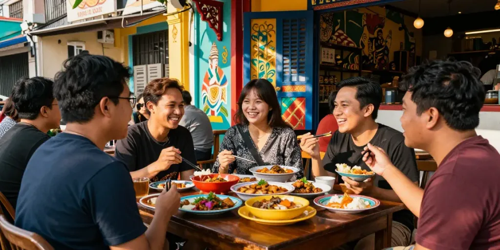 Friends sharing traditional Peranakan dishes in a vibrant street scene, celebrating the cultural essence of nyonya4d.