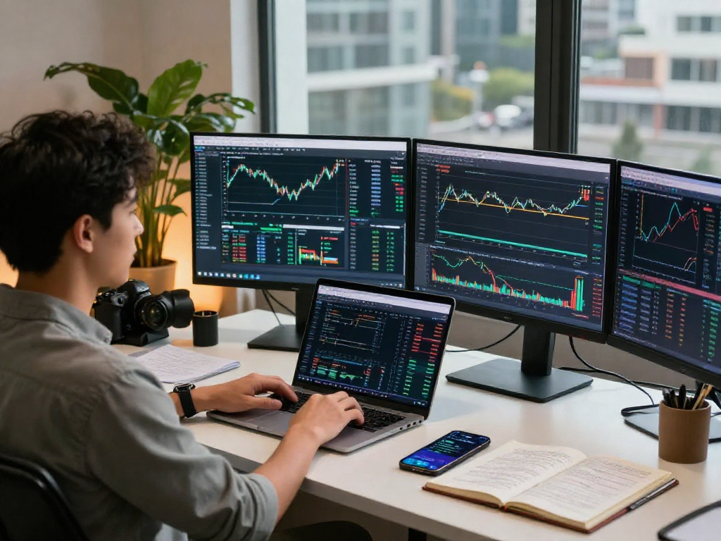 在MetaTrader 5平台上进行交易分析的交易者,展示现代交易工作站的多屏环境
