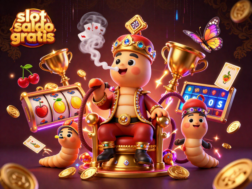 Experience slot saldo gratis with vibrant 3D illustration showing dynamic slot reels and a whimsical caterpillar master.