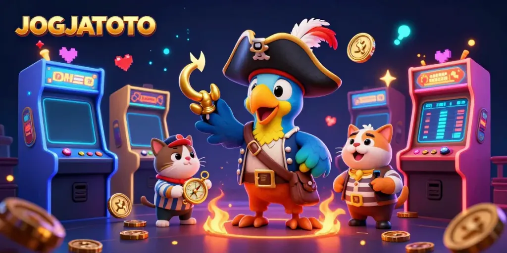 Experience excitement at JOGJATOTO with vibrant casino games and engaging characters in a lively 3D scene.
