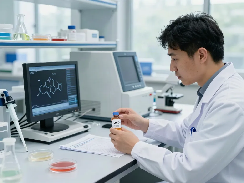 GHK-Cu copper peptide for sale showcased in a sterile lab with a scientist analyzing vials.