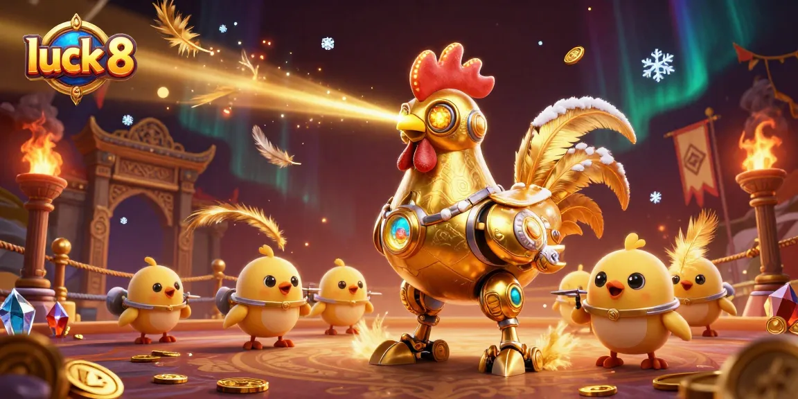 Engage with luck 8 in an action-packed 3D scene featuring a golden rooster robot shooting lasers amid vibrant casino elements.