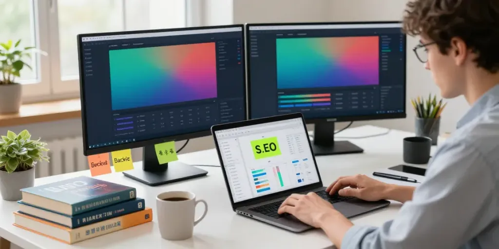 SEO expert analyzing where to purchase authority backlinks in a modern workspace