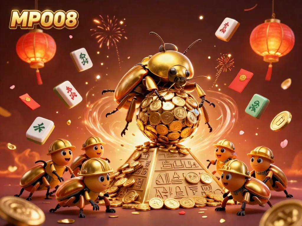 MPO08 showcases a vibrant 3D depiction of golden beetles amidst casino symbols, celebrating gaming treasures.