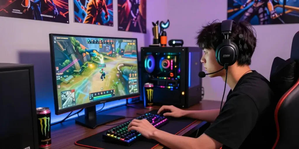 Intense gamer focused on QQMacan gameplay, vibrant RGB setup and gaming accessories.
