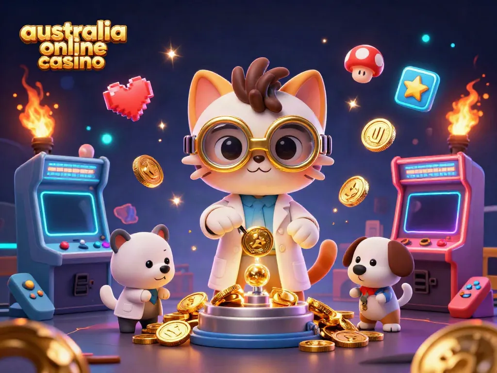 Experience vibrant gameplay at an australia online casino with a mad scientist cat and lab assistant creating coins.