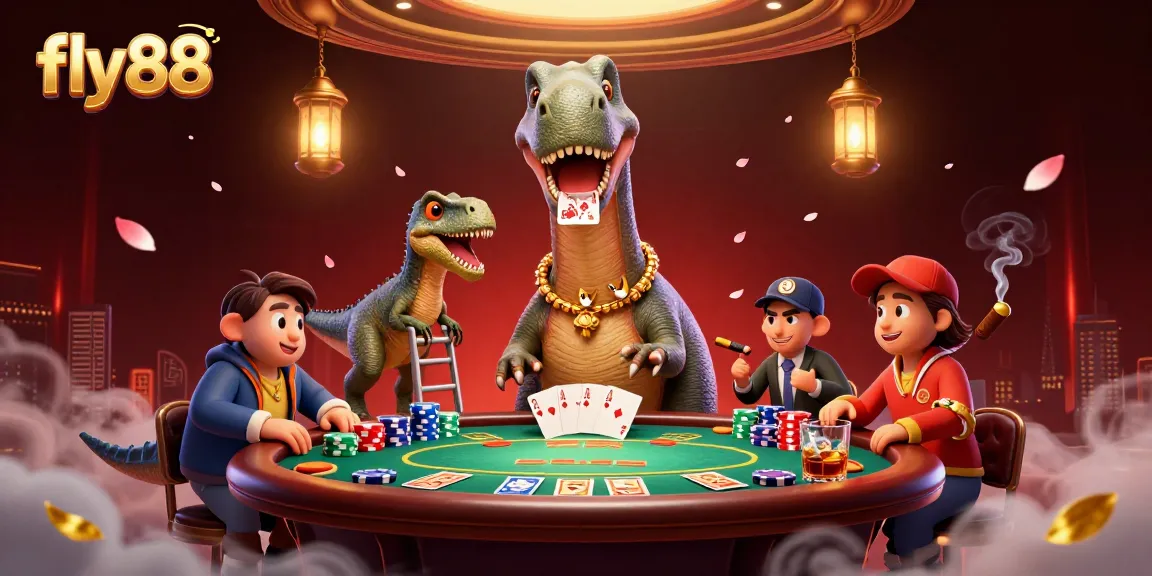 Fly88 offers an exciting casino scene with a raptor dealing cards atop a brontosaurus.