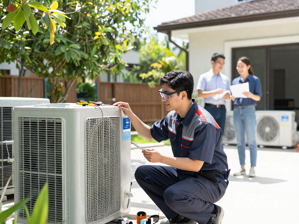 HVAC SEO company presents a technician servicing an air conditioning unit, ensuring quality customer care in a sunny home setting.