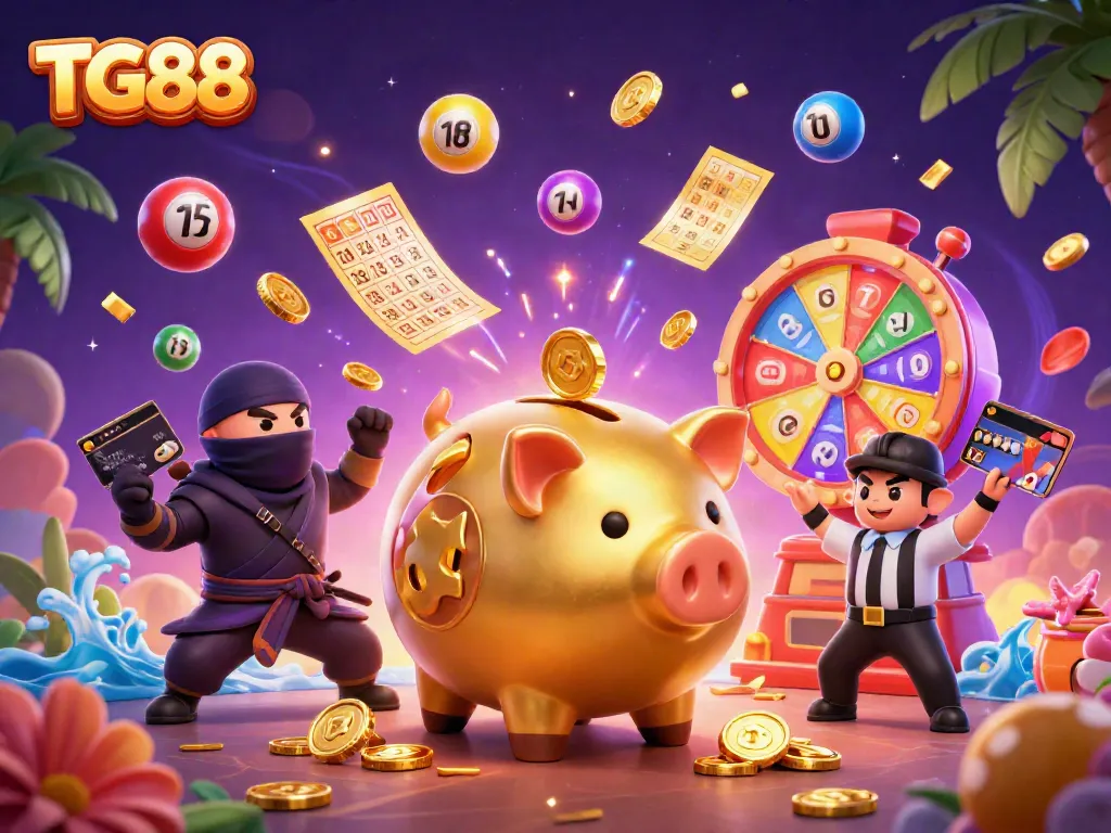 TG88 casino excitement with a golden piggy bank, wallet ninja, and credit card referee