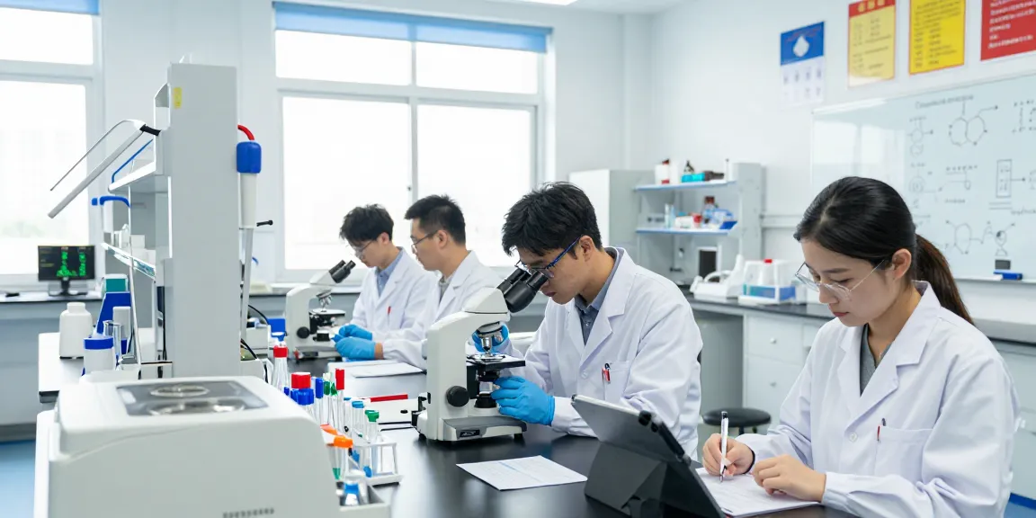 Researchers at https://summitresearchsupply.com conducting experiments in a bright lab with advanced equipment.