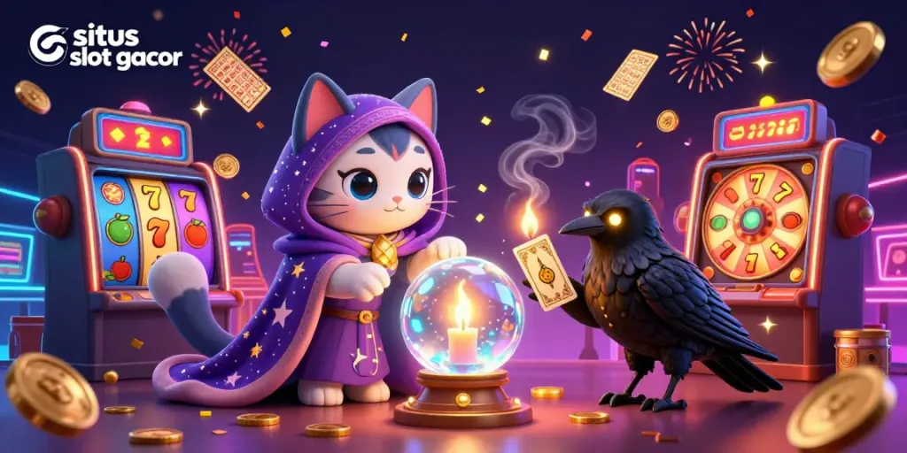 Permainan menarik di situs slot gacor dengan karakter kucing mistis, gagak dan simbol buah yang menggiurkan.