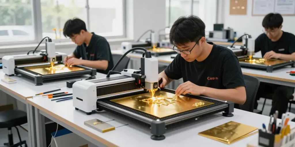 Proses pengrajin emas88 dengan teknologi laser presisi dalam kerja sama inovatif.