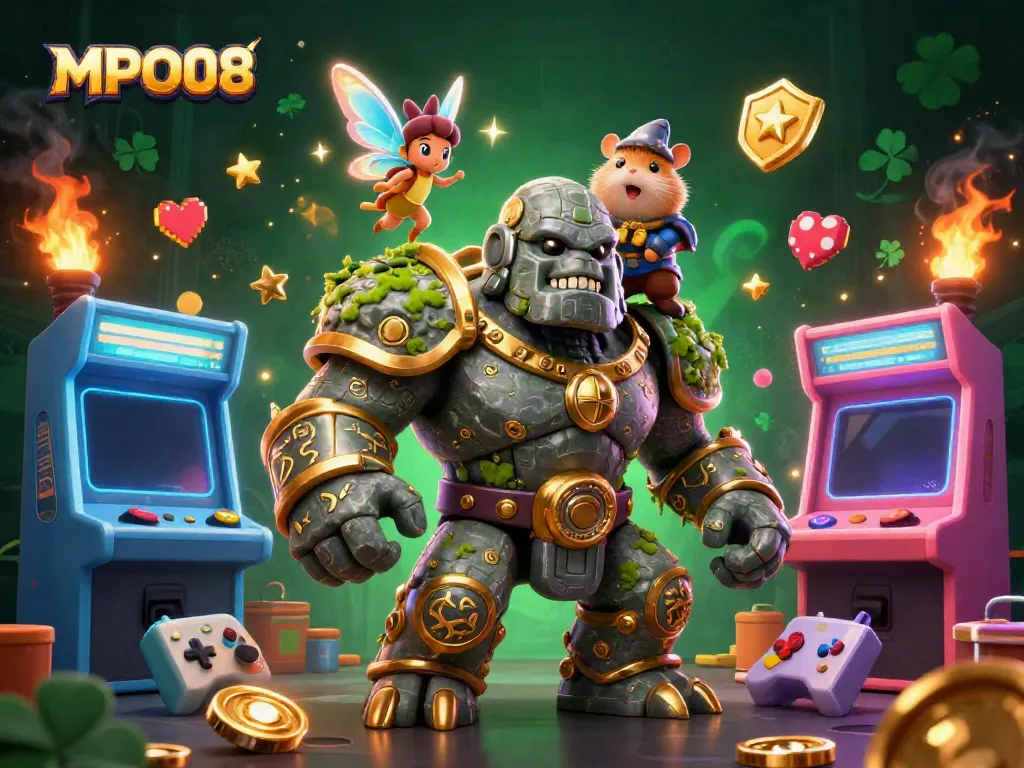 MPO08 showcases an engaging scene with a stone golem guardian, a fairy casting magic, and a hamster knight amidst colorful casino elements.
