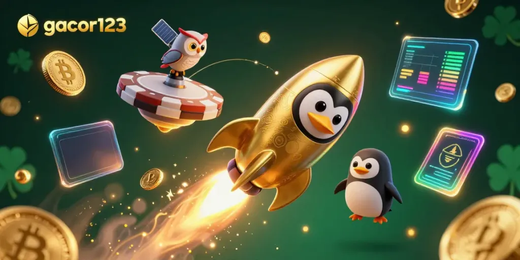 Engage in thrilling games at gacor123, where the golden penguin rushes toward a vibrant casino.