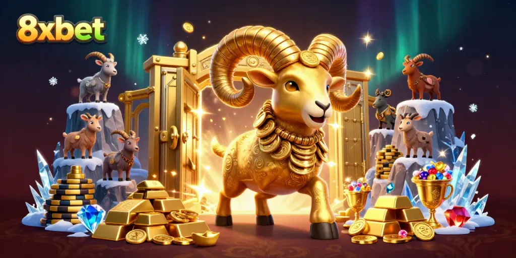 Experience thrilling 8xbet gaming with a golden ram charging through riches and glory.