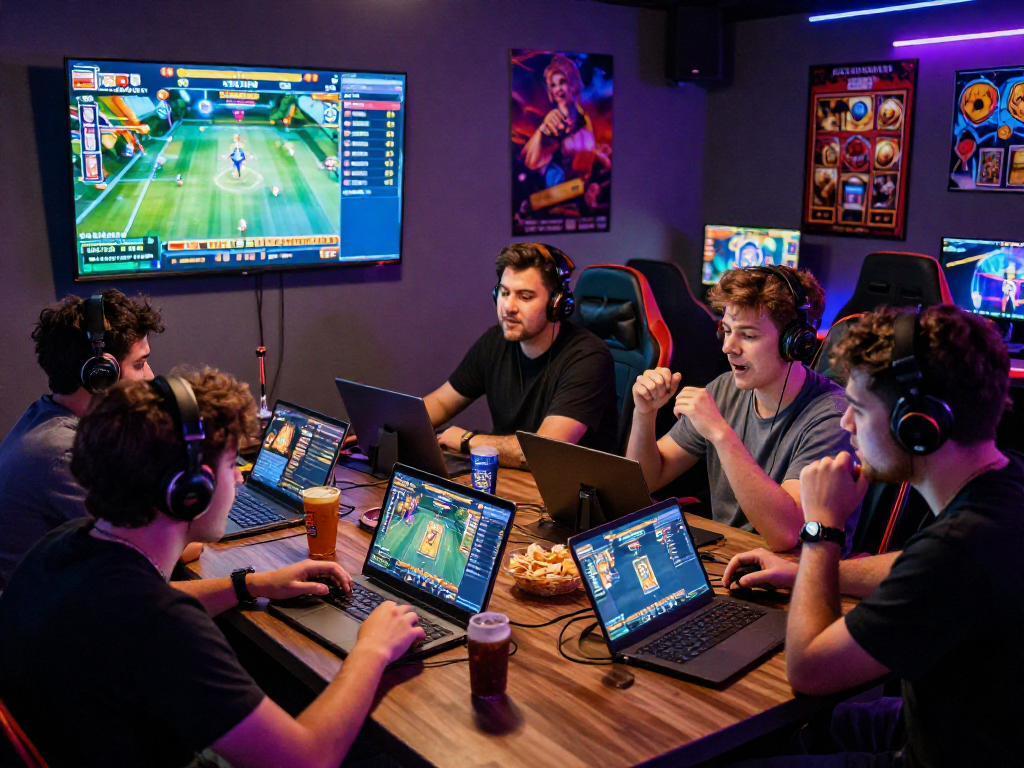 Exciting group gaming scene focusing on slot qris strategies with vibrant lighting and engaged players.