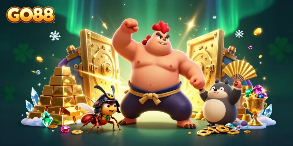 GO88 promotional scene showcasing thrilling casino excitement, featuring dynamic characters and stunning gold treasures.