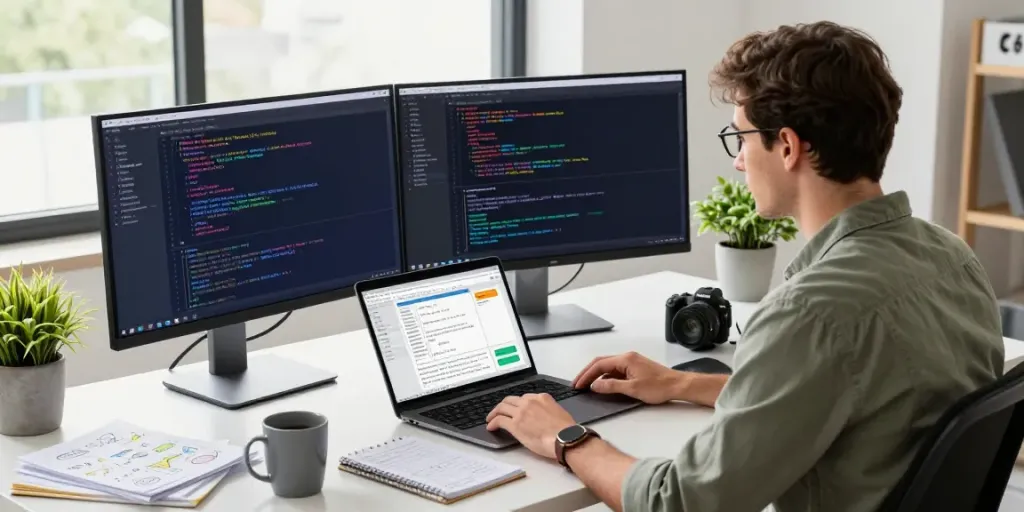Developer coding for mvp development service in modern office with dual monitors and design tools.