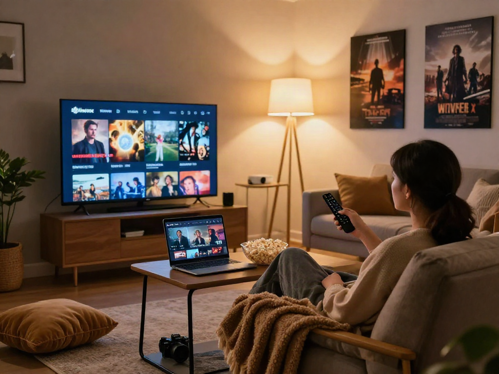 Cozy movie night scene featuring Moviebox on a smart TV, popcorn, and a relaxed viewer.